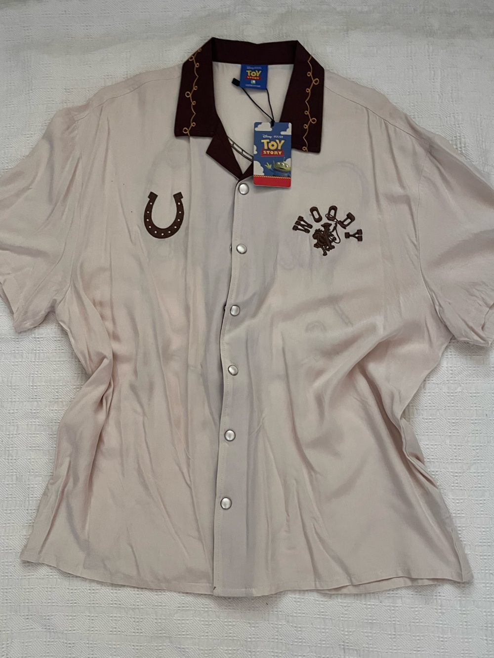 Disney Men's Light Beige Short-Sleeve Button Shirt with Brown Collar